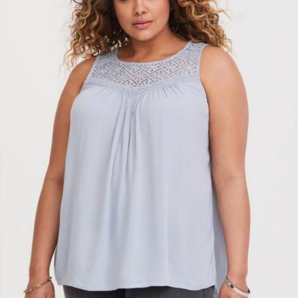 Torrid - Gauze Lace High- Neck Yoke Swing Blue Tank Sleeveless Top - 2X
